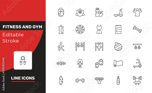 fitness and gym icon set with pulsometer, isotonic, dumbbells exercise signs in flat outline style