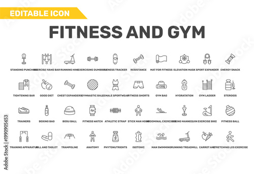 fitness and gym icon set with resistance, tightening bar, training apparatus signs in flat outline style