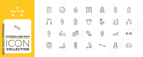 fitness and gym icon set with bar exercising, sport watch, skip rope signs in flat outline style