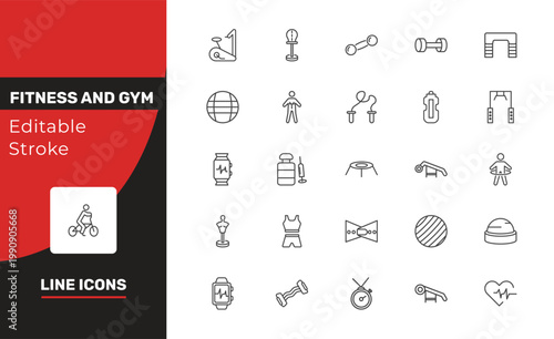 fitness and gym icon set with exercise bike, power ball, training watch signs in flat outline style