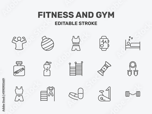 fitness and gym icon set with female sportwear, pulsometer, sleep signs in flat outline style