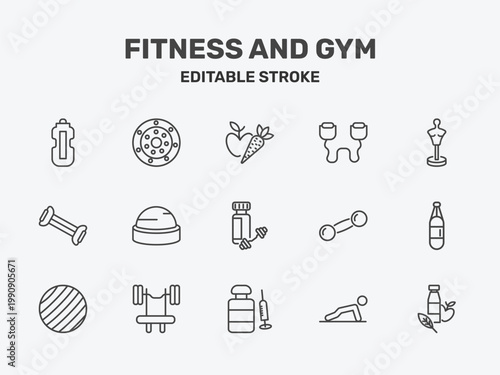 fitness and gym icon set with carrot and, resistance band, boxing mannequin signs in flat outline style