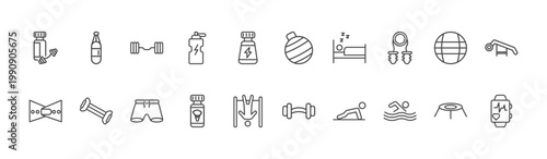 fitness and gym icon set with boxing bag, fitness ball, man swimming signs in flat outline style