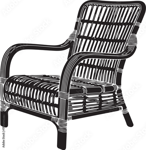 Black wicker armchair with slatted seat and backrest