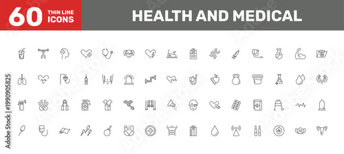 health and medical icon set with weightlifting, punching bag, bio signs in flat outline style