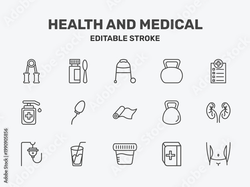health and medical icon set with medical walker, kettlebell, medical checklist signs in flat outline style