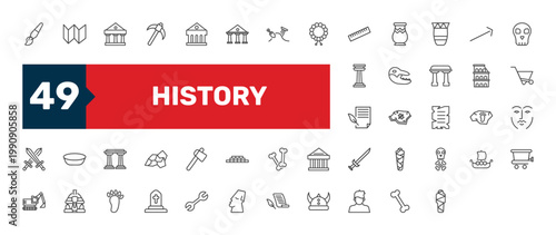 history icon set with pick, wheelbarrow, sphinx signs in flat outline style