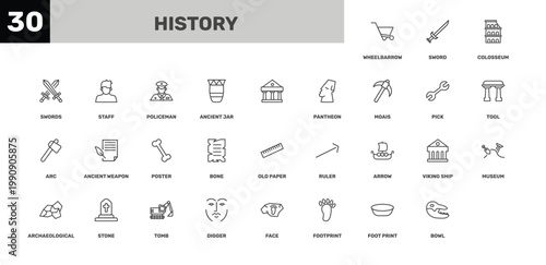 history icon set with colosseum, policeman, face signs in flat outline style