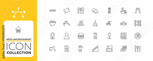 hotel and restaurant icon set with onigiri, room key, wine glass signs in flat outline style