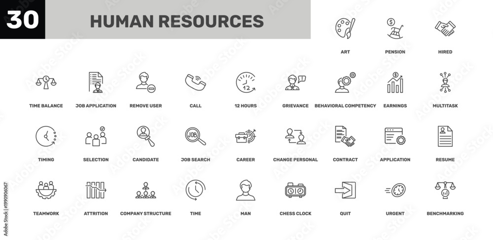 Ταπετσαρία human resources icon set with hired, remove user, man signs in flat outline styl