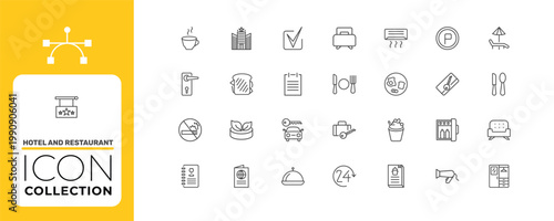 hotel and restaurant icon set with single bed, sandwich, frozen yogurt signs in flat outline style