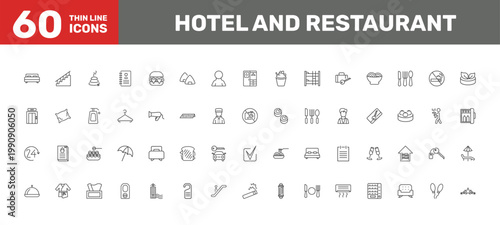hotel and restaurant icon set with stairway, hanger, door hanger signs in flat outline style