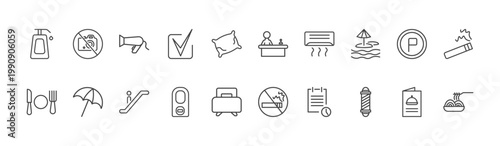 hotel and restaurant icon set with no pictures, reception, barbershop signs in flat outline style