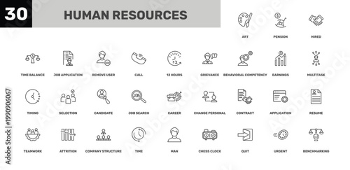 human resources icon set with hired, remove user, man signs in flat outline style