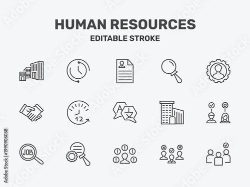 human resources icon set with resume, searching, skills signs in flat outline style
