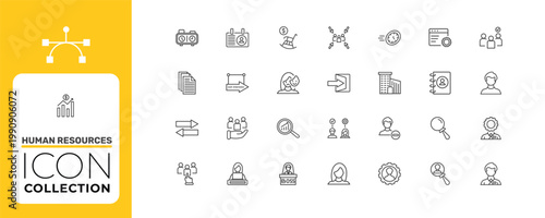 human resources icon set with meeting point, exit interview, remove user signs in flat outline style