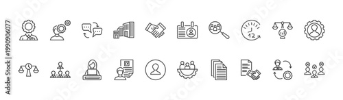 human resources icon set with behavioral competency, personal profile, contract signs in flat outline style