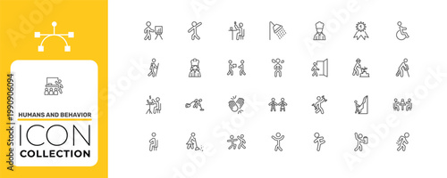 humans and behavior icon set with showering, woman cooking, fitness exercises signs in flat outline style