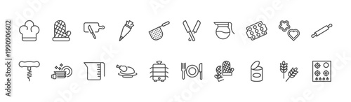 kitchen icon set with mitten, knives, conserve signs in flat outline style