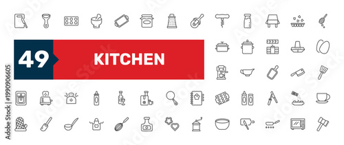 kitchen icon set with tray, saucer, apron signs in flat outline style