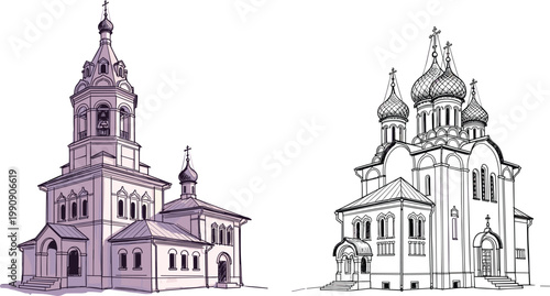 Russian Orthodox Church and Cathedral Sketch Set Featuring Traditional Onion Domes and Bell Towers for Historical Architecture, Travel, and Religious Design Projects