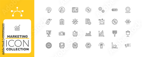 marketing icon set with ratio, checklist, yield signs in flat outline style