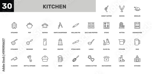 kitchen icon set with broiler, napkin, beater signs in flat outline style