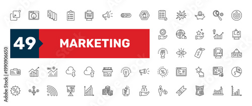 marketing icon set with web package, business eye, marketing presentation signs in flat outline style