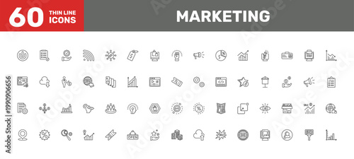 marketing icon set with result, web cursor, open signs in flat outline style