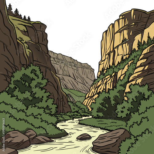 A vibrant illustrated canyon scene showcases steep rock formations a winding river and lush green vegetation along the canyon floor high quality