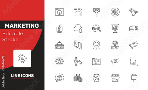 marketing icon set with velocity test, online marketing, offer signs in flat outline style
