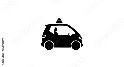 A black silhouette of a compact car with a driver inside silhouette