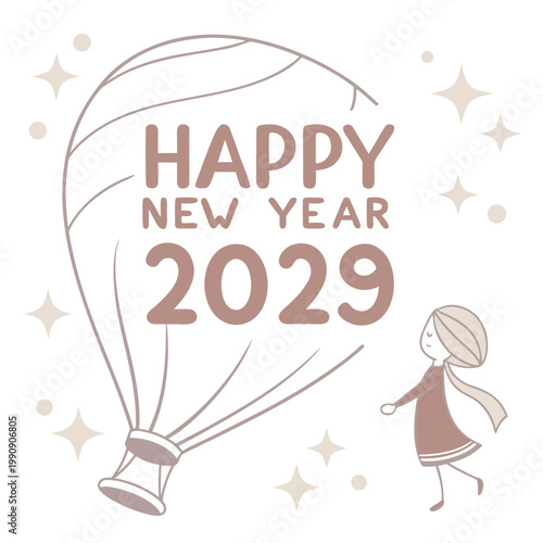 A charming illustration features a hot air balloon with happy new year 2029 text and a small girl looking up high quality