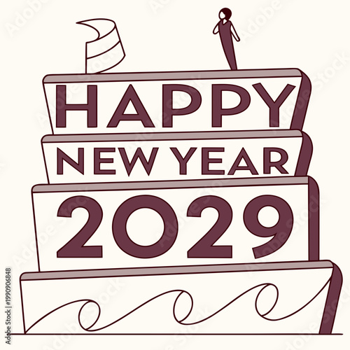 A stylized illustration depicts a multi tiered cake decorated with the words happy new year 2029 and a silhouetted figure high quality