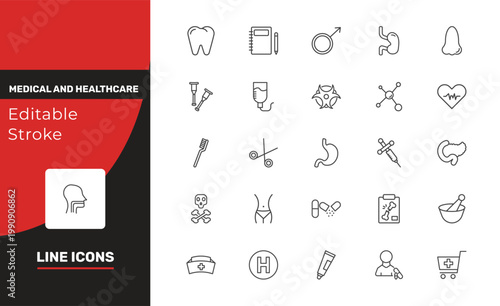 medical and healthcare icon set with premolar, crutch, ointment signs in flat outline style