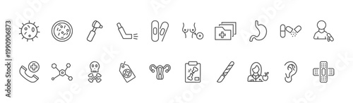medical and healthcare icon set with bacteria, breast implant, nutrionist signs in flat outline style