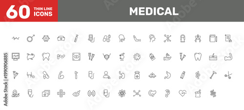 medical icon set with male, antibiotic, thyroid gland signs in flat outline style