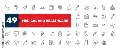 medical and healthcare icon set with , intestine, medicines bowl signs in flat outline style