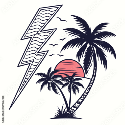 A vibrant retro style illustration features a tropical scene with palm trees a setting sun a lightning bolt and soaring birds