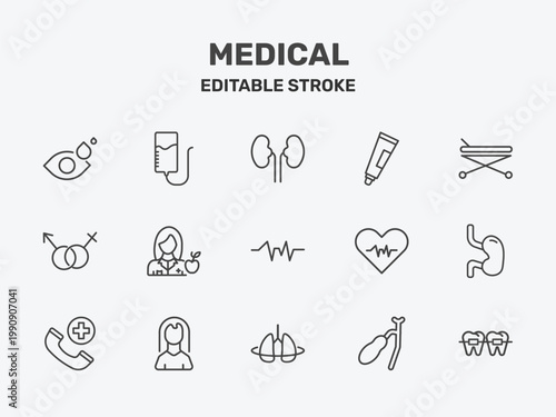 medical icon set with kidneys, ointment, hospital bed side view signs in flat outline style