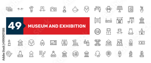 museum and exhibition icon set with photographic, exhibition, poetry signs in flat outline style