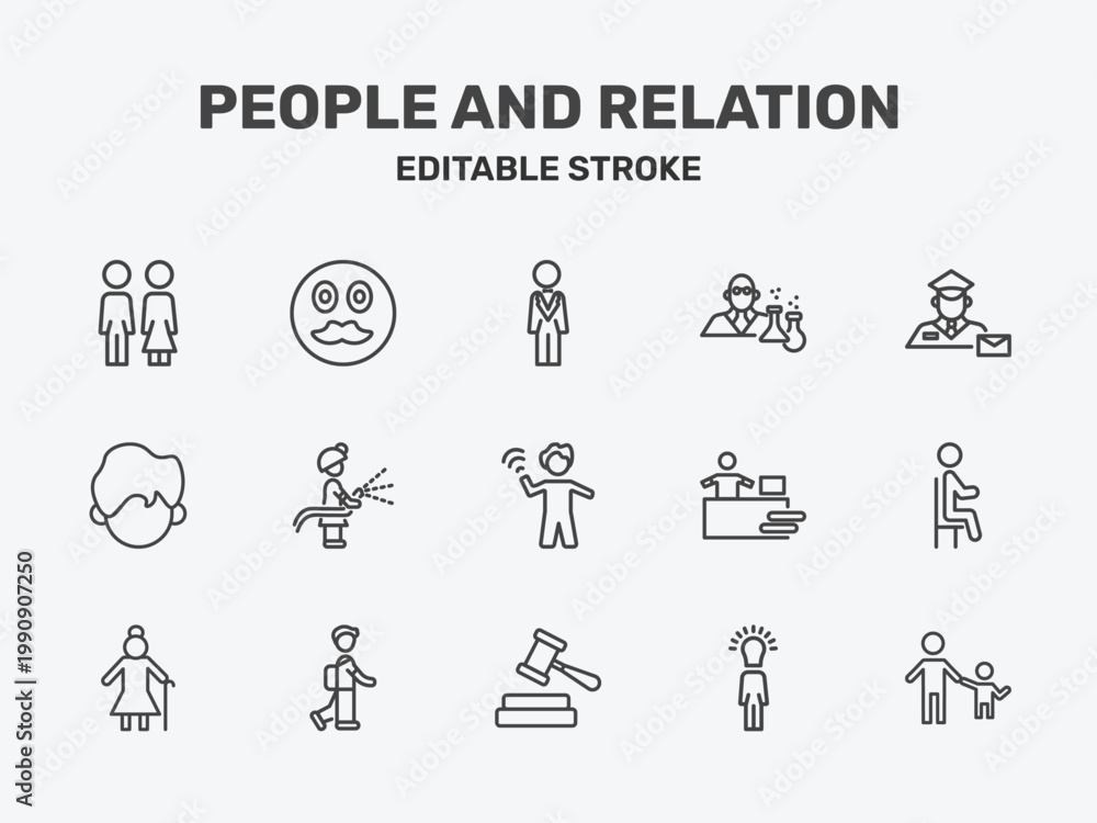 Fototapeta premium people and relation icon set with bestman, chemist working, postman working signs in flat outline style