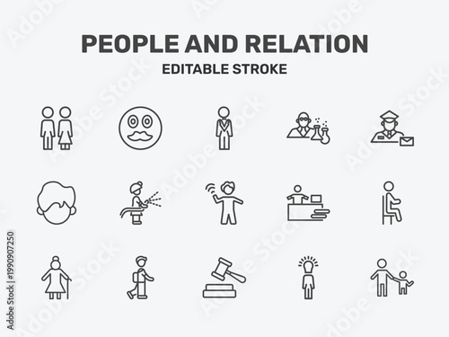 people and relation icon set with bestman, chemist working, postman working signs in flat outline style