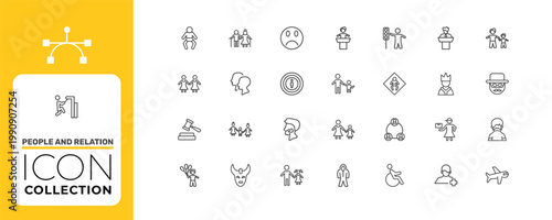 people and relation icon set with man giving a speech, heads, serve signs in flat outline style