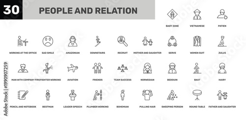people and relation icon set with patien, amazonian, bohemian signs in flat outline style