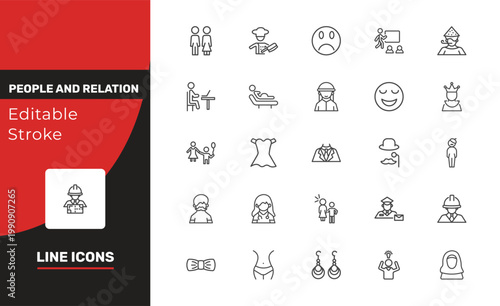 people and relation icon set with woman and man partners, working at the office, earings signs in flat outline style