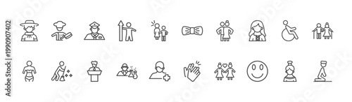 people and relation icon set with butcher with knife, elegance, happy smile signs in flat outline style