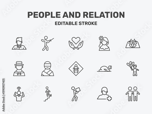 people and relation icon set with heart in hands, venezuelan, business suit signs in flat outline style