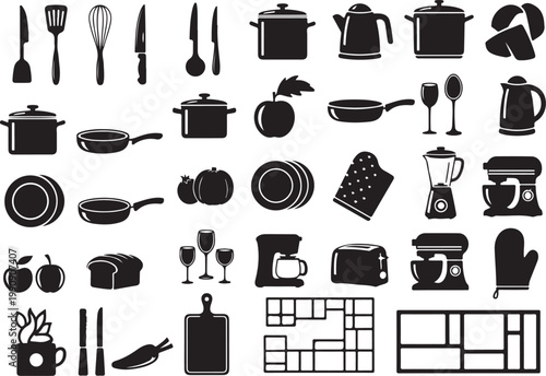 Kitchen utensils and appliances black white