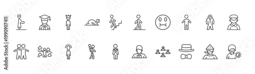 people and relation icon set with graduated student, bast, elegant signs in flat outline style